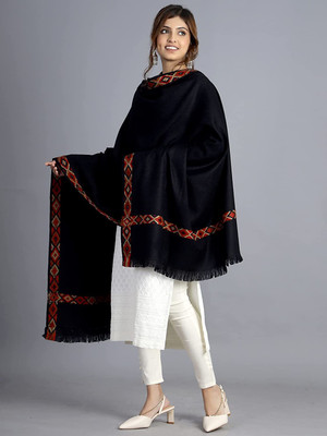 Braid N Cord Polyester Wool Blend Self Design Women Shawl(Black)