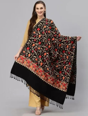 RADHE PRODUCTS Wool Embroidered Women Shawl(Black)