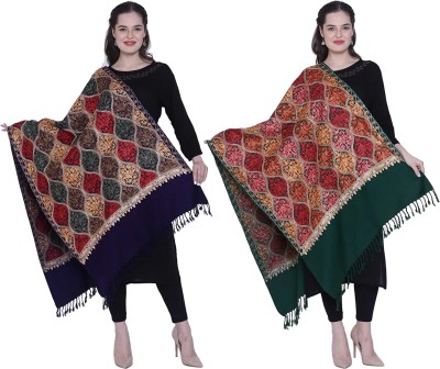 Royal-E-Kashmir Wool Printed Women Shawl(Dark Blue, Green)