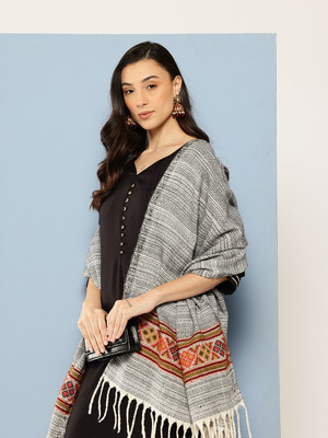 MUHURATAM Wool Embroidered Women Shawl(Grey)