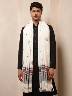 Ravaiyaa - Attitude Is Everything Wool Geometric Print Men Shawl(White)