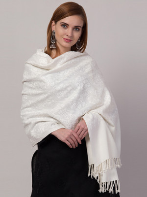 Weave Street Wool Embroidered Women Shawl(White)