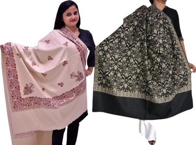 PASHTUSHS Pashmina Embroidered Women Shawl(Beige, Black)