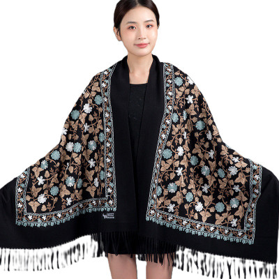 Frackson Acrylic, Wool Solid, Self Design, Floral Print Women Shawl(Black)