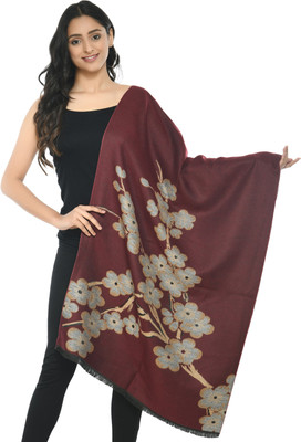 manra Wool Floral Print Women Shawl(Maroon)