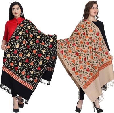 Golden Stichies Wool Embroidered Women Shawl(Black, Beige)