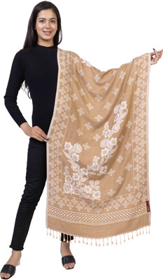 Kti Acrylic, Viscose, Wool Graphic Print, Self Design, Solid Women Shawl(Beige)