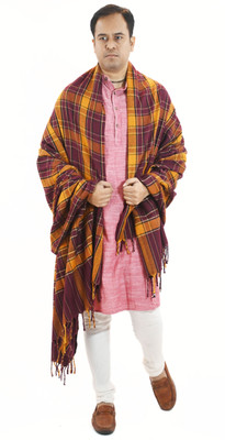 Vrinde Wool Checkered Men Shawl(Yellow, Maroon)