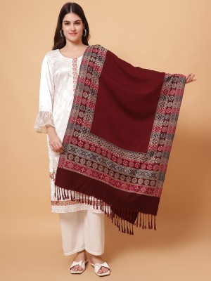 vesture Wool Self Design Women Shawl(Maroon, Multicolor)