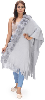 manra Wool Self Design Women Shawl(Grey)