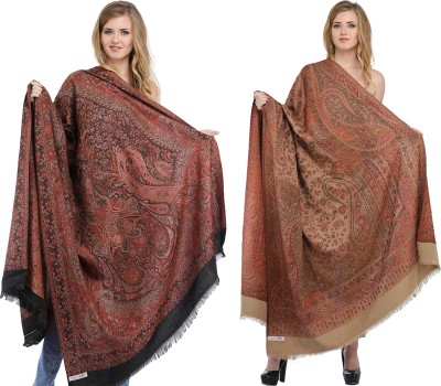 Royal-E-Kashmir Pashmina Printed Women Shawl(Black, Beige)