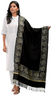 Kashmiri Thead Wool Floral Print Women Shawl(Black)
