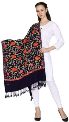 Kashmiri Thead Wool Woven Women Shawl(Black)