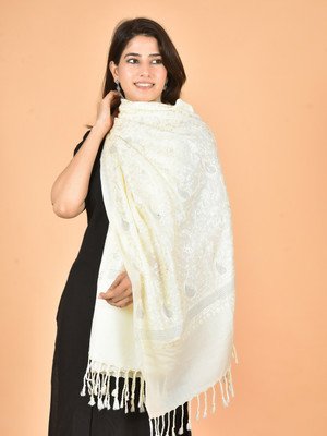 BAISA Cashmere, Wool Embroidered Women Shawl(White)