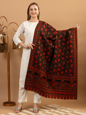 EVODAZE Wool Floral Print Women Shawl(Black)