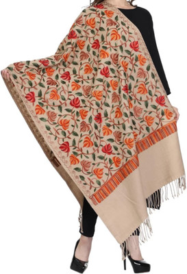 Home craze Wool Embroidered, Floral Print Women Shawl(Beige)