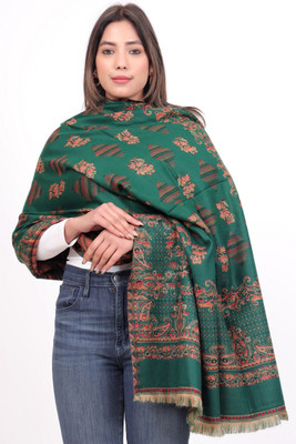 Kti Poly Wool Floral Print Women Shawl(Green)