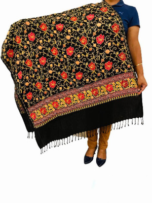 Zaria Fabs Acrylic, Wool Embroidered Women Shawl(Black)