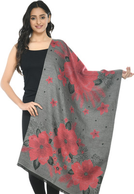 manra Wool Floral Print Women Shawl(Grey)