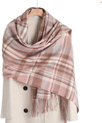 Frackson Acrylic, Wool Solid, Self Design, Checkered Women Shawl(Pink, Multicolor)