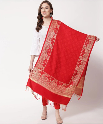 Braid N Cord Polyester Wool Blend Woven Women Shawl(Red)