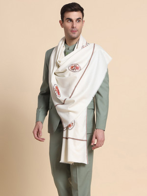 WEAVERS VILLA Acrylic, Wool Embellished Men Shawl(White)