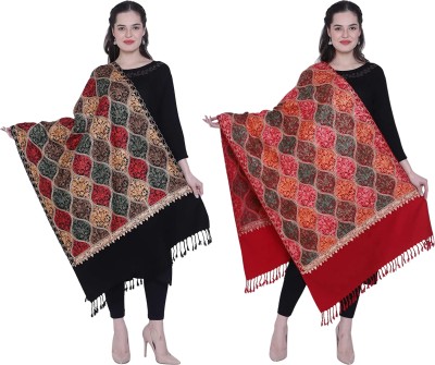 Royal-E-Kashmir Pashmina Embroidered Women Shawl(Black, Maroon)