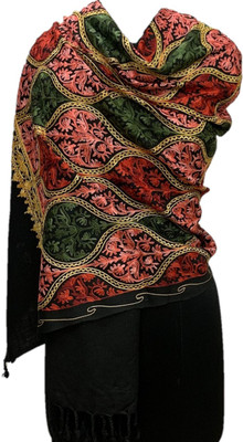SILVER CRESCENT Polyester Wool Blend Embroidered Women Shawl(Black)