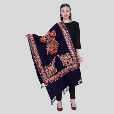 swi stylish Wool Embroidered Women Shawl(Dark Blue)