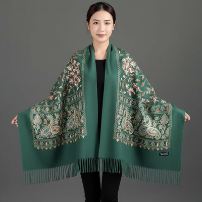 JT Wool Embroidered Women Shawl(Green)