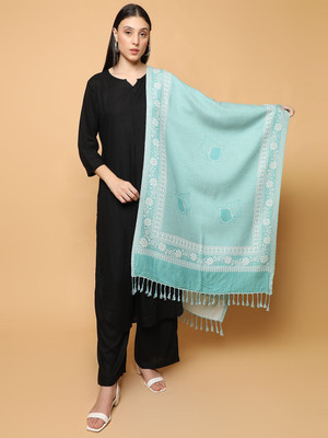 SCHp Wool Floral Print Women Shawl(Light Blue, Silver)