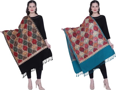 PASHTUSHS Pashmina Embroidered Women Shawl(Black, Light Green)