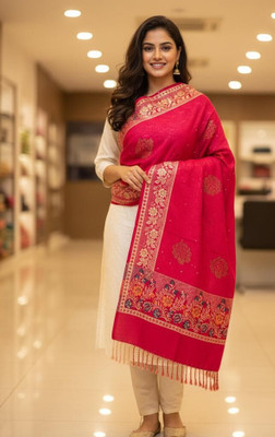 Winter Heirloom Acrylic Floral Print, Embroidered, Embellished Women Shawl(Pink)