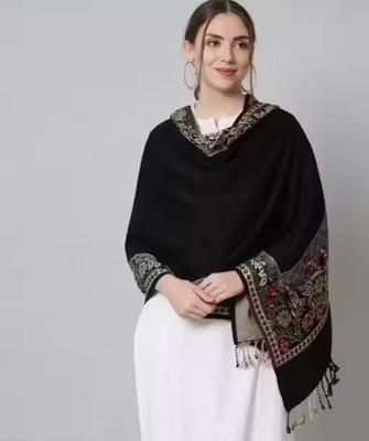 Homeevo Wool Floral Print Women Shawl(Black)