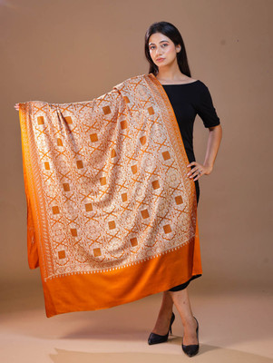 swi stylish Wool Printed Women Shawl(Orange, Beige)