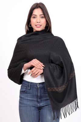 Kti Poly Wool Floral Print Women Shawl(Black)