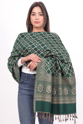 Kti Poly Wool Floral Print Women Shawl(Green)