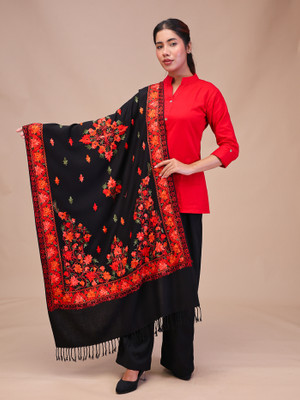 swi stylish Wool Embroidered Women Shawl(Black)