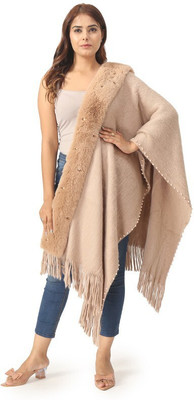 manra Wool Self Design Women Shawl(Beige)