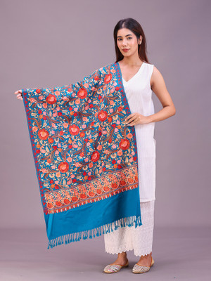 swi stylish Wool Embroidered Women Shawl(Blue)