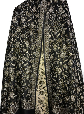 HOC Polyester Wool Blend Embroidered Women Shawl(Black)