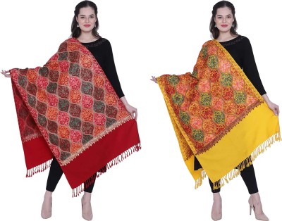 Royal-E-Kashmir Pashmina Embroidered Women Shawl(Maroon, Yellow)