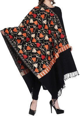 Home craze Wool Embroidered, Floral Print Women Shawl(Black)