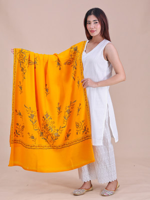 swi stylish Pashmina Embroidered Women Shawl(Yellow)