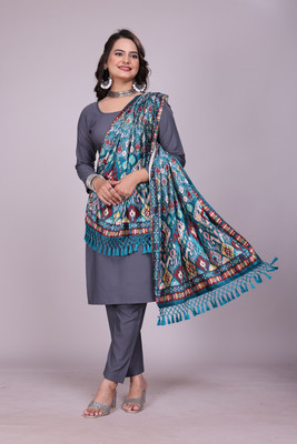 SILMAIRA Velvet Printed Women Shawl(Light Blue)