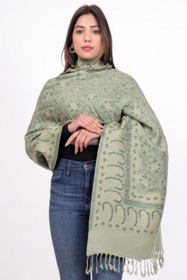 Kti Poly Wool Floral Print Women Shawl(Light Green)