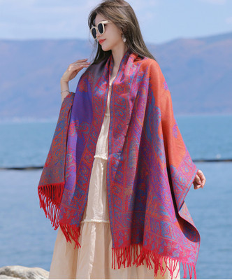 Frackson Acrylic, Wool Solid, Floral Print, Self Design Women Shawl(Red, Blue)