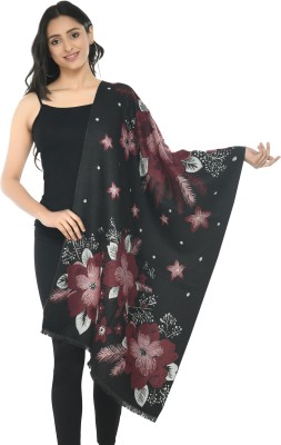 manra Wool Floral Print Women Shawl(Black)