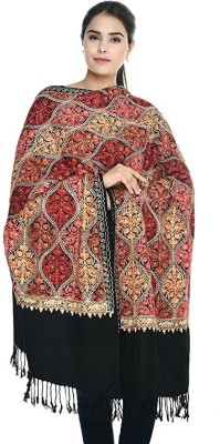 COTTON SILVER Wool Embroidered Women, Men Shawl(Black)