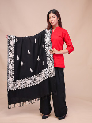 swi stylish Wool Embroidered Women Shawl(Black)